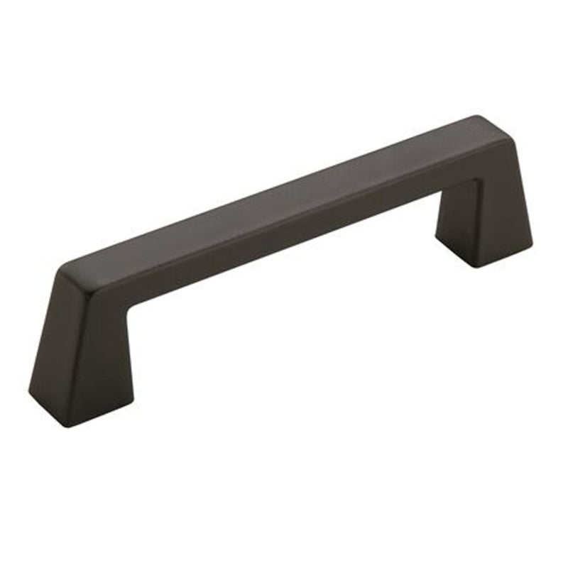 Emery Jensen bar pull handle with 3-3/4-inch center-to-center measurement, black finish, suitable for furniture drawers and cabinets.