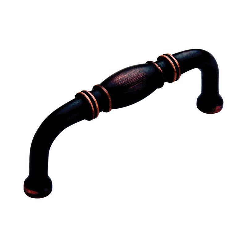 Emery Jensen pull handle for cabinets, 3-3/8 inch overall length, in oil rubbed bronze finish, shown in close-up.