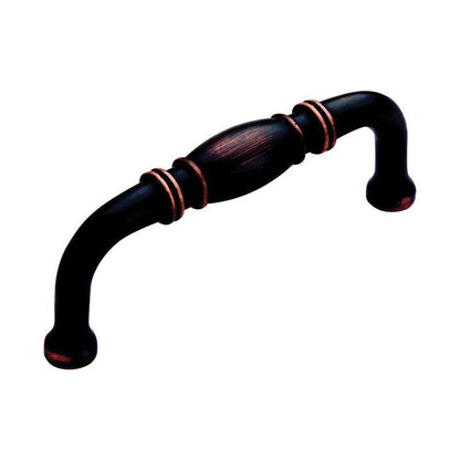 Emery Jensen pull handle for cabinets, 3-3/8 inch overall length, in oil rubbed bronze finish, shown in close-up.