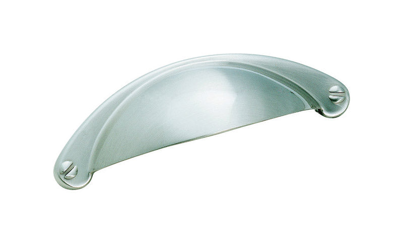 Satin nickel pull cup handle by Emery Jensen, featuring a sleek design for cabinets or drawers.