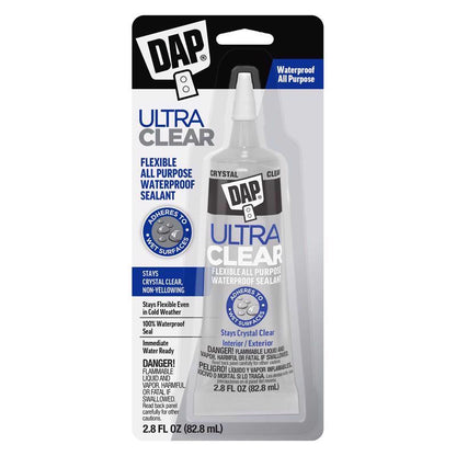 Six tubes of Emery Jensen DAP Ultra Clear AP 2.8 O pure silicone caulk, shown in a pack for sealing and waterproofing projects.