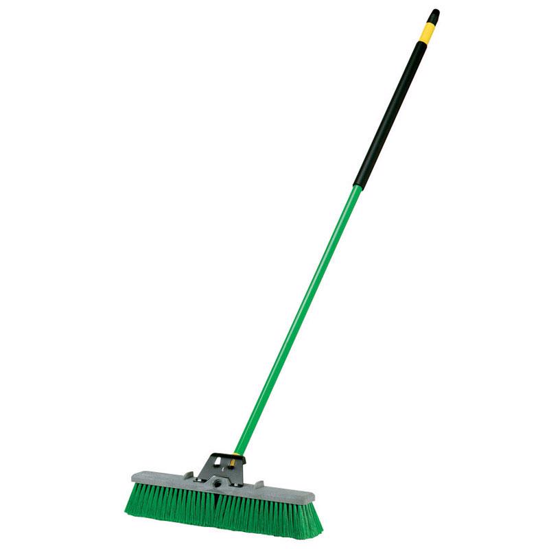 Set of four Emery Jensen 18-inch push brooms with in/out design, ideal for sweeping large outdoor or indoor areas.