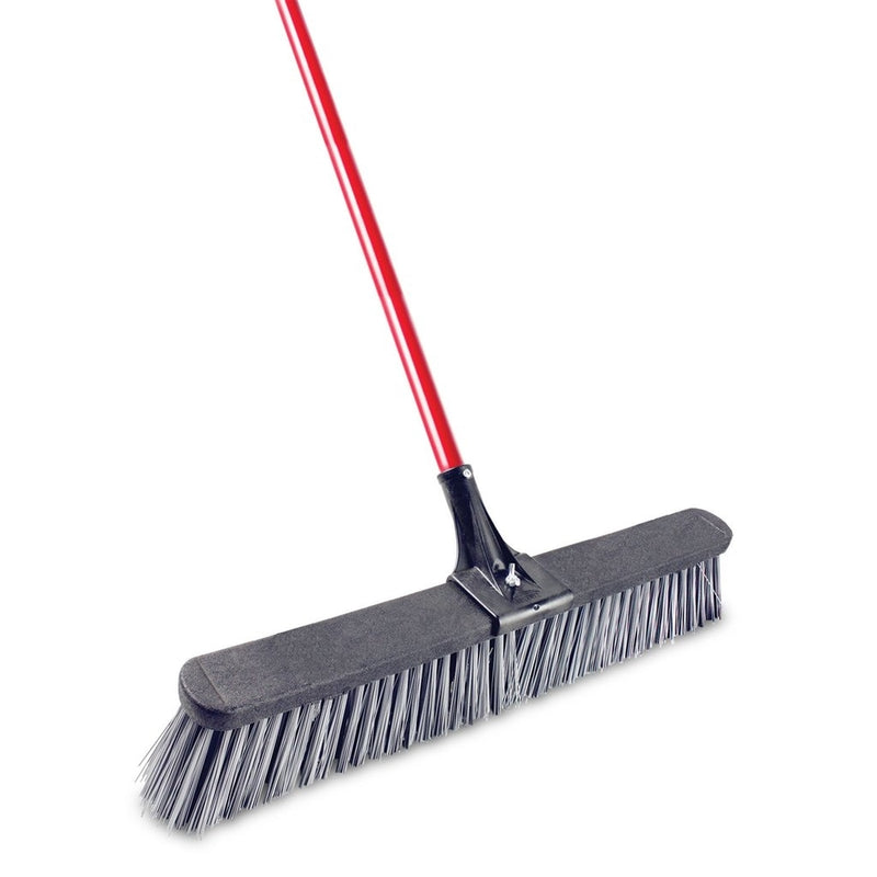 Emery Jensen 24-inch push broom with stiff bristles for sweeping large indoor or outdoor surfaces.