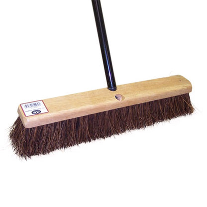 Emery Jensen 18-inch garage push broom with sturdy bristles and ergonomic handle for sweeping garage floors efficiently.