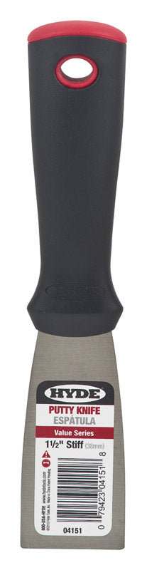 Pack of five Hyde 1.5-inch putty knives by Emery Jensen, stiff blade for drywall and putty application.