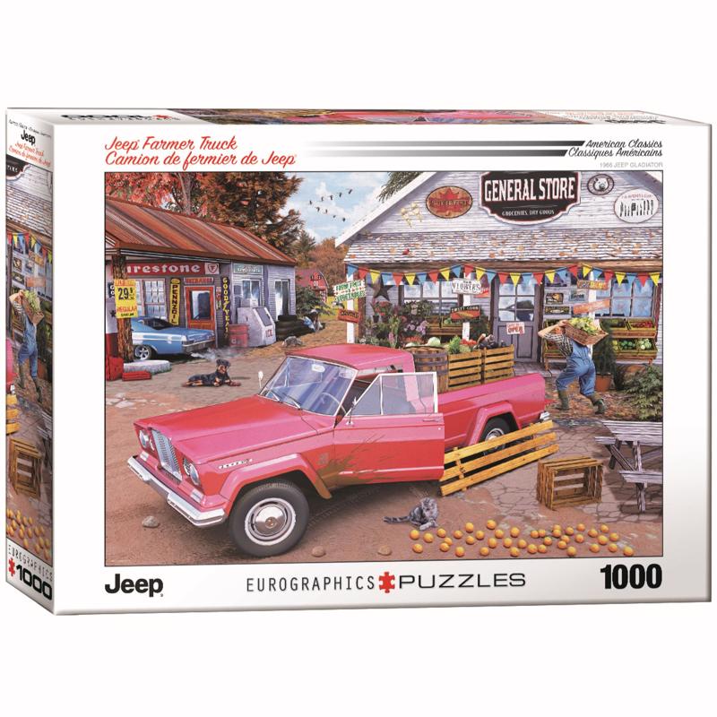 Emery Jensen Jeep Farmer Truck puzzle featuring a detailed farm scene with a classic vintage Jeep and farm equipment.