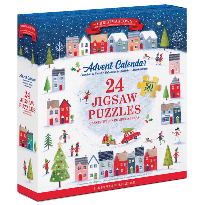Emery Jensen Puzzles Advent Calendar featuring colorful holiday-themed images and numbered doors for daily surprises.