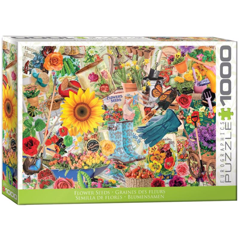 Emery Jensen 13+ floral puzzle featuring colorful flower images on a cardboard box. Suitable for ages 13 and up.