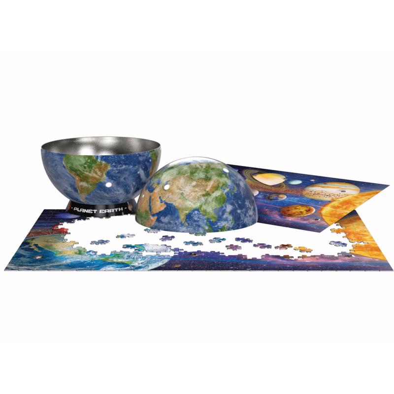 Emery Jensen Puzzle Earth Globe 550-piece jigsaw puzzle showing a detailed map of the world with colorful continents and oceans.
