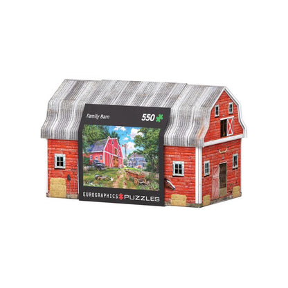 Emery Jensen Puzzle Family Barn 550-piece jigsaw puzzle featuring a colorful barn scene with animals and farm landscape.
