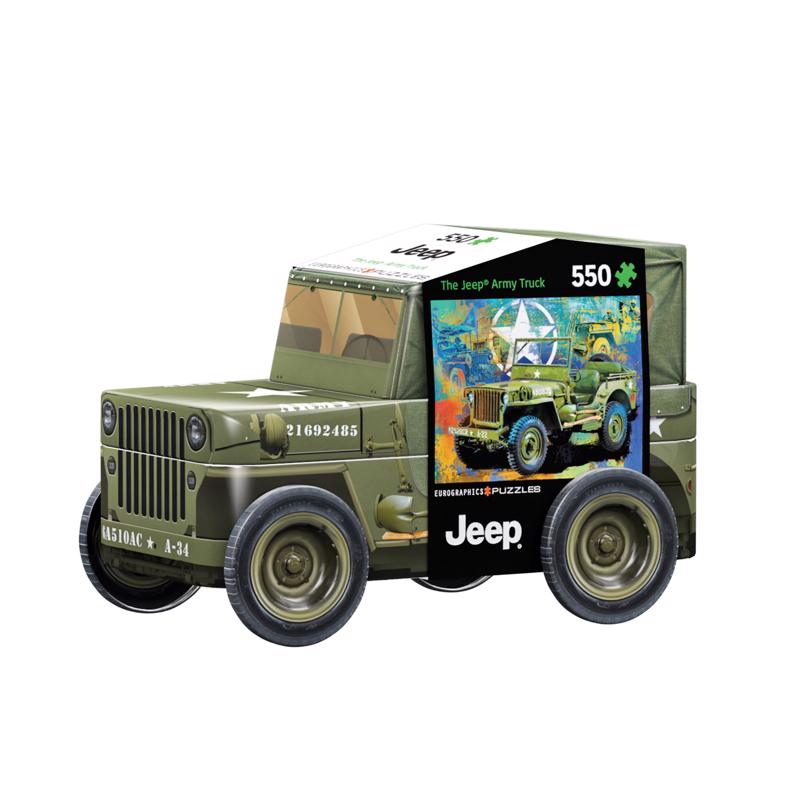 Emery Jensen Army Jeep 550-piece puzzle featuring a detailed military vehicle image, ideal for puzzle enthusiasts.