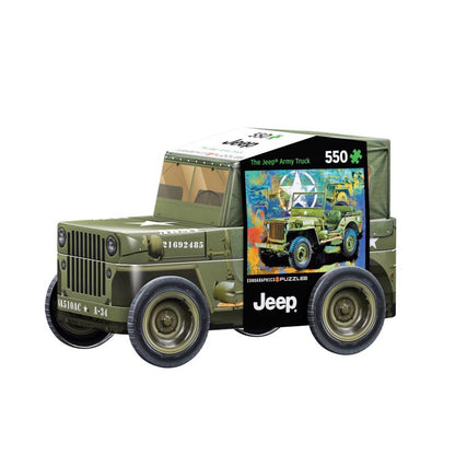 Emery Jensen Army Jeep 550-piece puzzle featuring a detailed military vehicle image, ideal for puzzle enthusiasts.