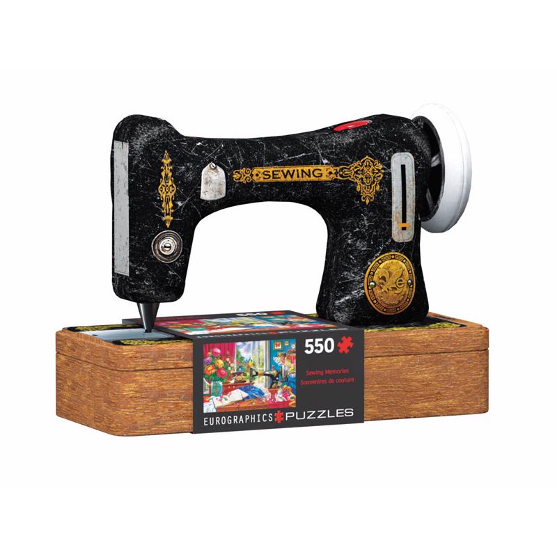 Emery Jensen 550-piece puzzle featuring a detailed sew machine illustration on colorful puzzle pieces.