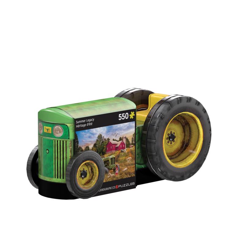 Green tractor puzzle by Emery Jensen featuring a detailed 550-piece puzzle image of a tractor scene.