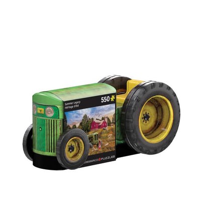 Green tractor puzzle by Emery Jensen featuring a detailed 550-piece puzzle image of a tractor scene.