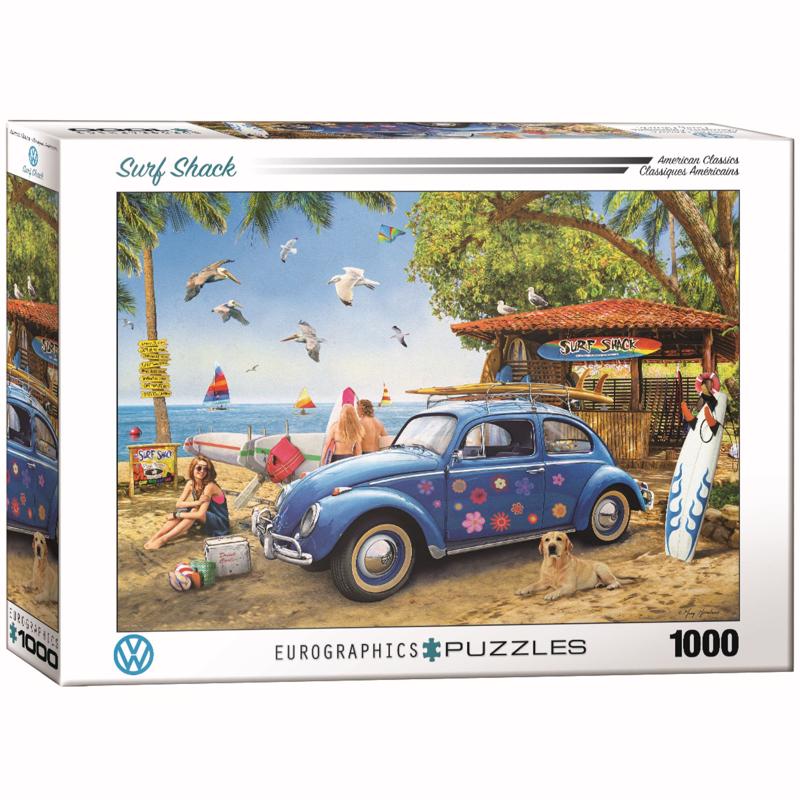 Emery Jensen Surf Shack Puzzle featuring a colorful beach scene with surfboards and a seaside shack for family fun.