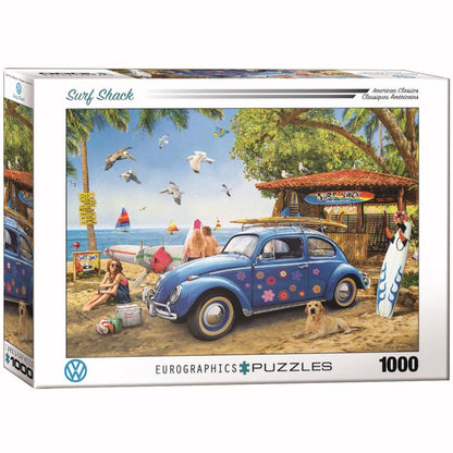 Emery Jensen Surf Shack Puzzle featuring a colorful beach scene with surfboards and a seaside shack for family fun.