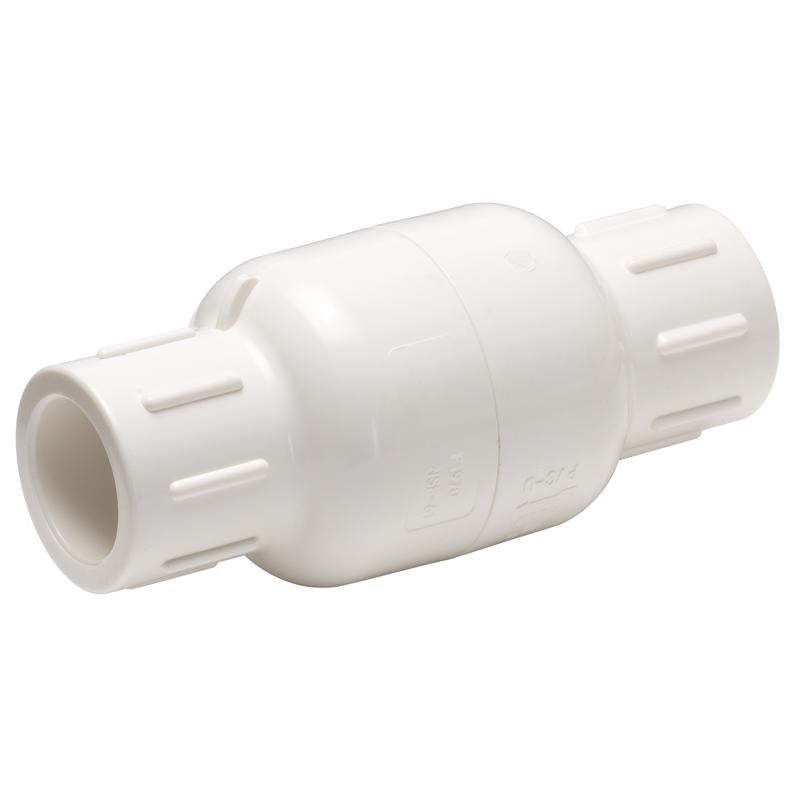 Emery Jensen 1.25-inch PVC check valve in slip style, designed for plumbing applications, shown in a close-up image.