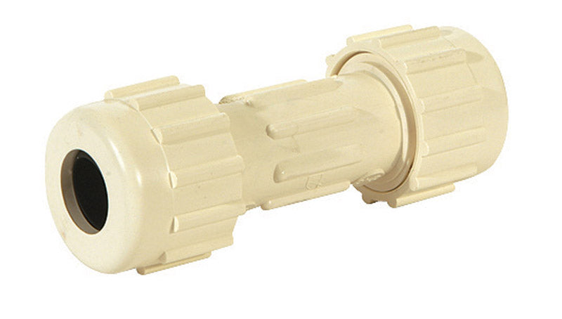 Emery Jensen PVC compression fitting, 3/4 inch CPVC coupling for plumbing connections, showing the fitting's details and material.