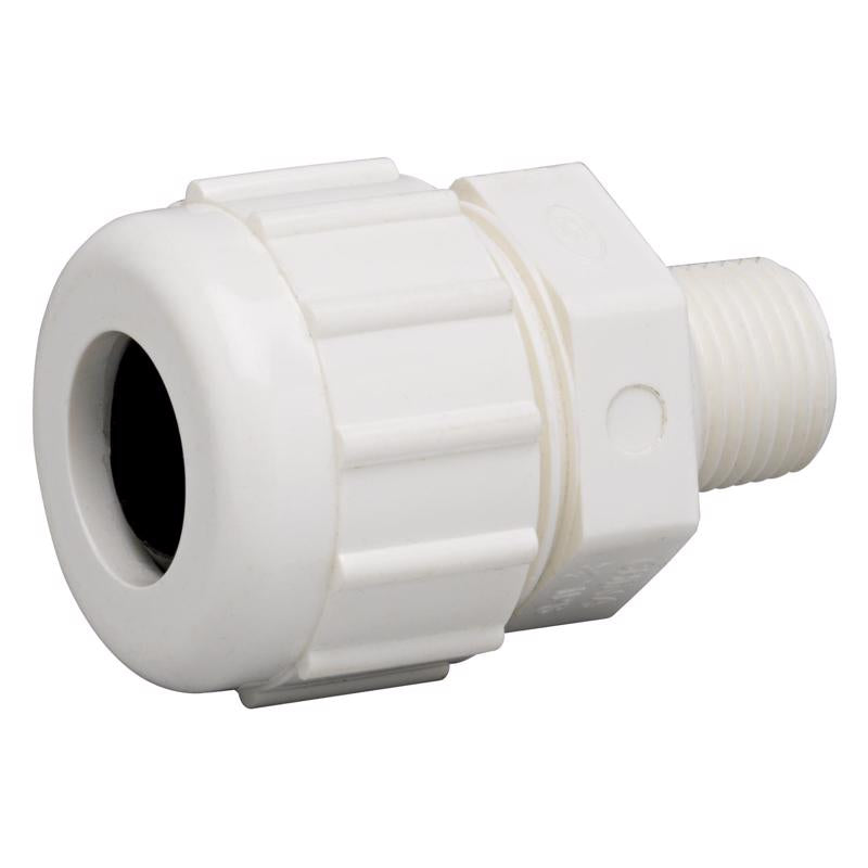 Emery Jensen PVC compression fitting Coupl SCH403/4" for plumbing, shown in close-up with fitting details visible.