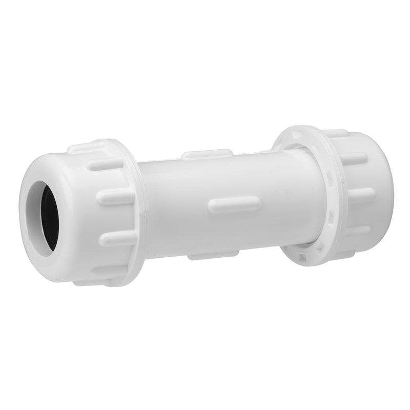 Emery Jensen 1/2-inch PVC compression coupling fitting for plumbing connections, shown in a close-up view.