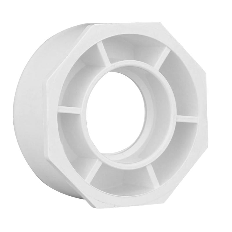 Emery Jensen PVC DWV fitting Bushing 3-inch spig and hub for drain, waste, vent piping installation.