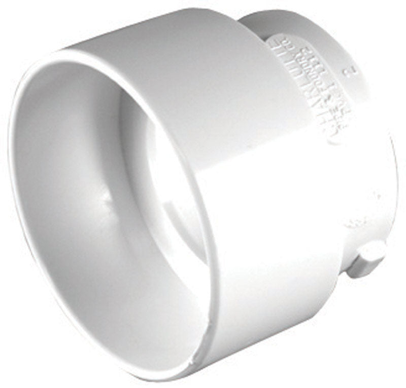Red PVC DWV bushing reducer fitting with 3-inch to 2-inch connections from Emery Jensen for plumbing applications.