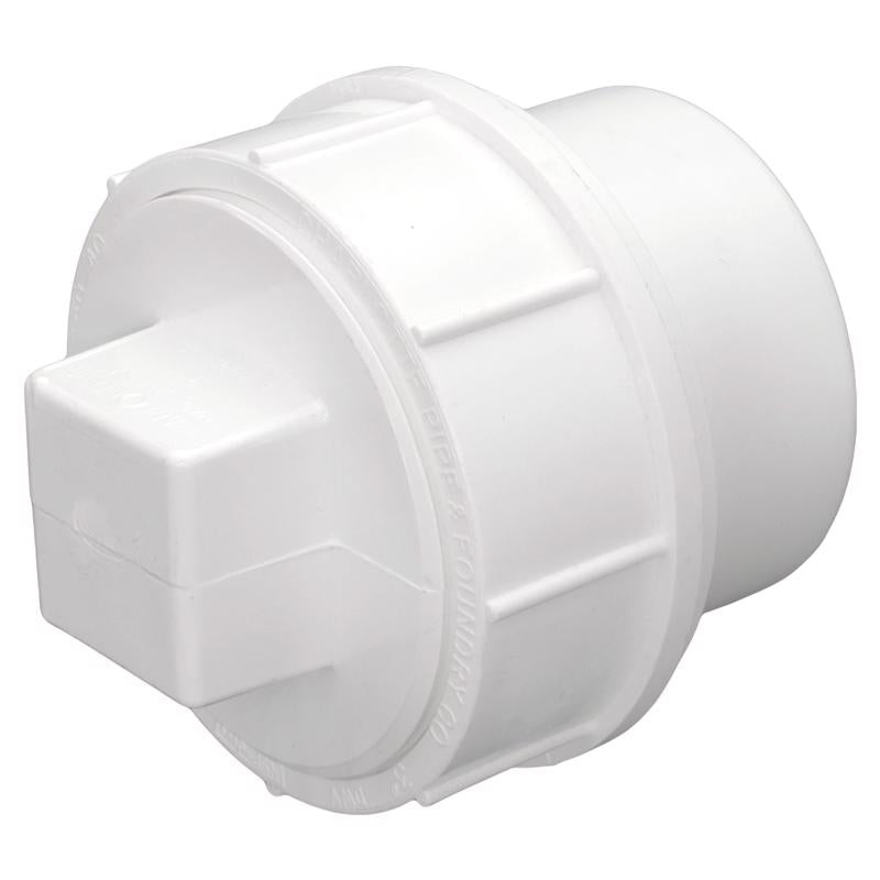 Emery Jensen PVC DWV fitting with cleanout plug, 3-inch diameter, used for drain, waste, and vent piping systems.
