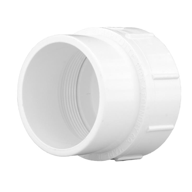 Emery Jensen PVC DWV fitting cleanout with 1.5-inch spigot and FPT connection, used for drainage system access and maintenance.