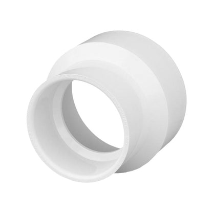 Pair of Emery Jensen PVC DWV fittings, 4x3 inch SXS coupling, made of durable white PVC for drainage and waste plumbing systems.