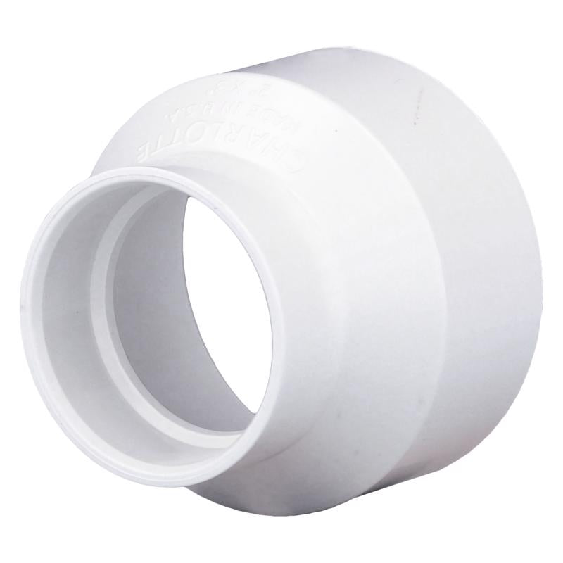 Emery Jensen PVC DWV fittings, couple 2x3 inch HXH, durable plastic pipe connectors for plumbing applications.