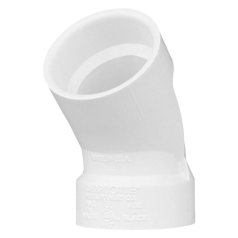 Emery Jensen 45° PVC DWV elbow fitting, 1.5-inch size, used for drainage and vent piping in plumbing systems