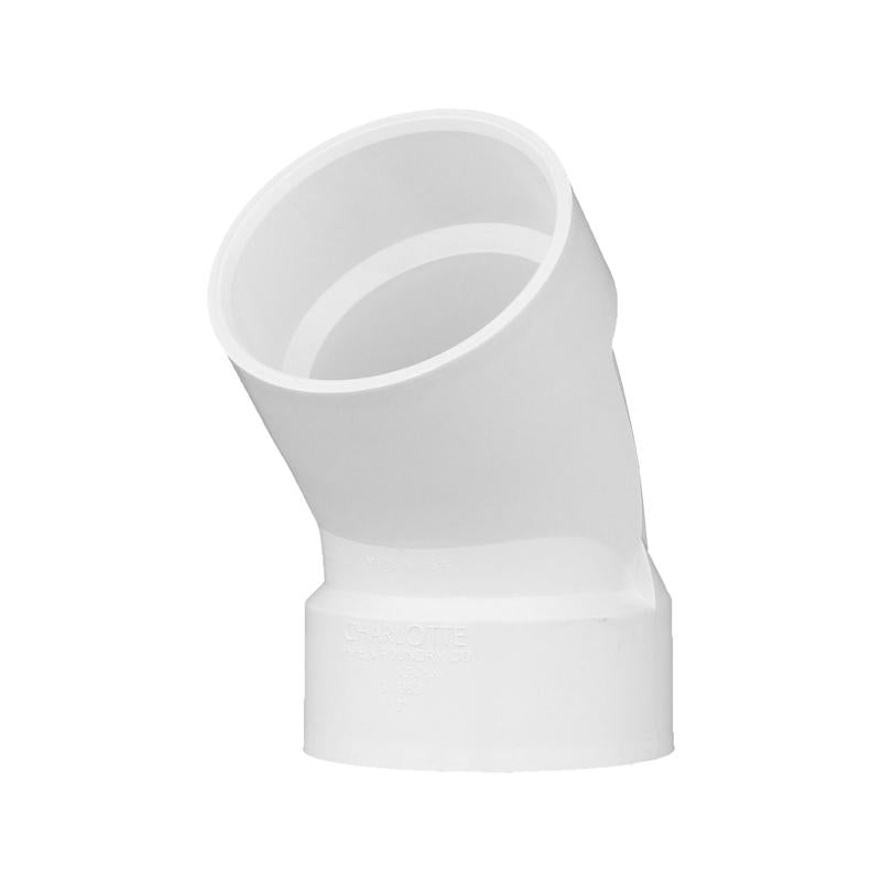 Emery Jensen 3-inch PVC DWV 45-degree elbow fitting for drain, waste, and vent piping, durable plastic construction.