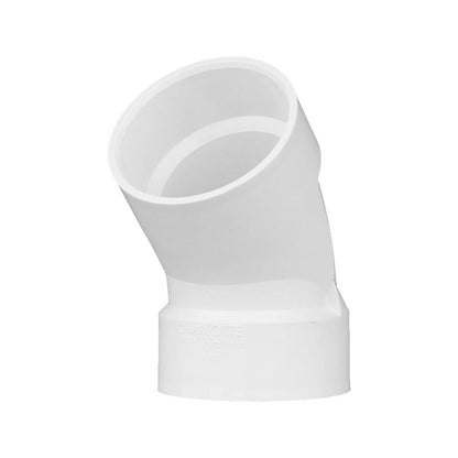 Emery Jensen 3-inch PVC DWV 45-degree elbow fitting for drain, waste, and vent piping, durable plastic construction.