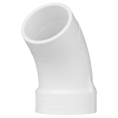 Emery Jensen 3-inch PVC DWV elbow fitting, 45-degree street angle for drain, waste, and vent plumbing systems.