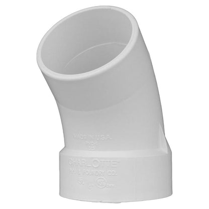 Emery Jensen 45-degree street PVC DWV fitting for drainage plumbing, shown in white plastic with smooth surface