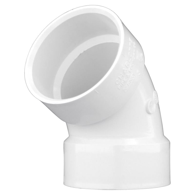 Emery Jensen 2-inch PVC DWV elbow fitting for drain, waste, and vent plumbing, showing a 60-degree angle.