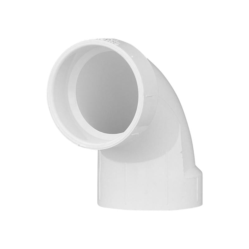 Emery Jensen 2-inch PVC DWV elbow fitting, 90-degree angle for drain, waste, and vent piping systems.