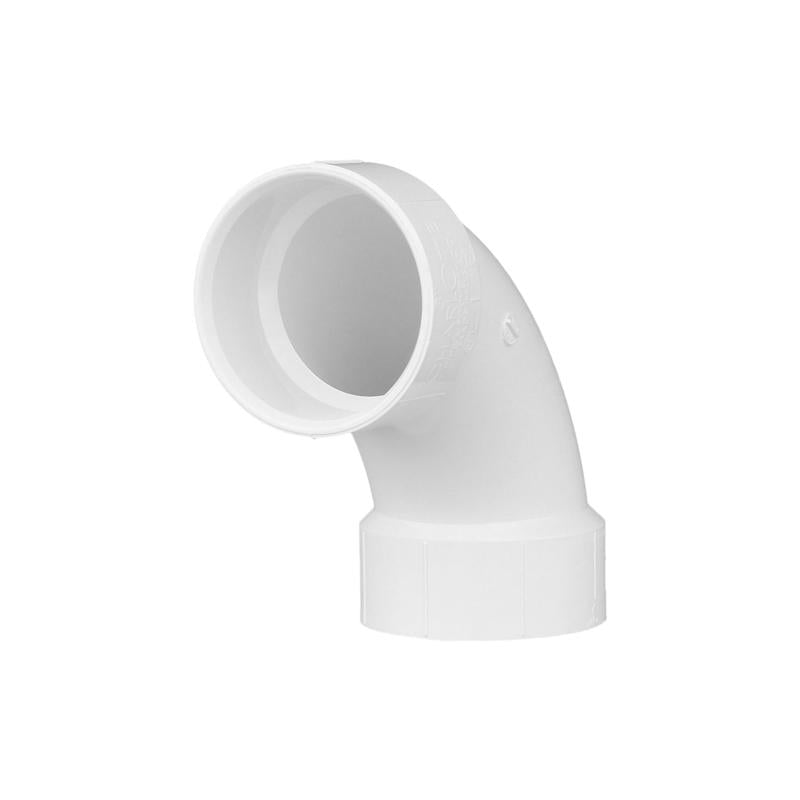 Emery Jensen 3-inch PVC DWV elbow fitting with 90-degree angle, designed for drain, waste, and vent plumbing systems.