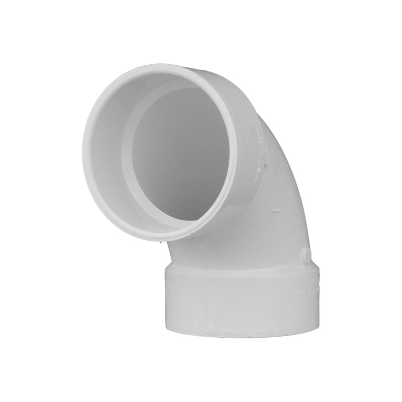 Emery Jensen 90-degree PVC DWV elbow fitting, 1.25-inch diameter, used for drainage and vent pipe applications.
