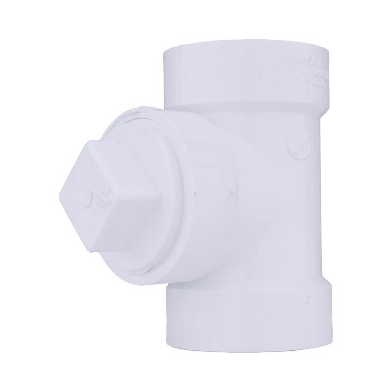Emery Jensen PVC DWV fitting tee cleanout, 2-inch diameter, sturdy white PVC pipe fitting for drain, waste, and vent systems.