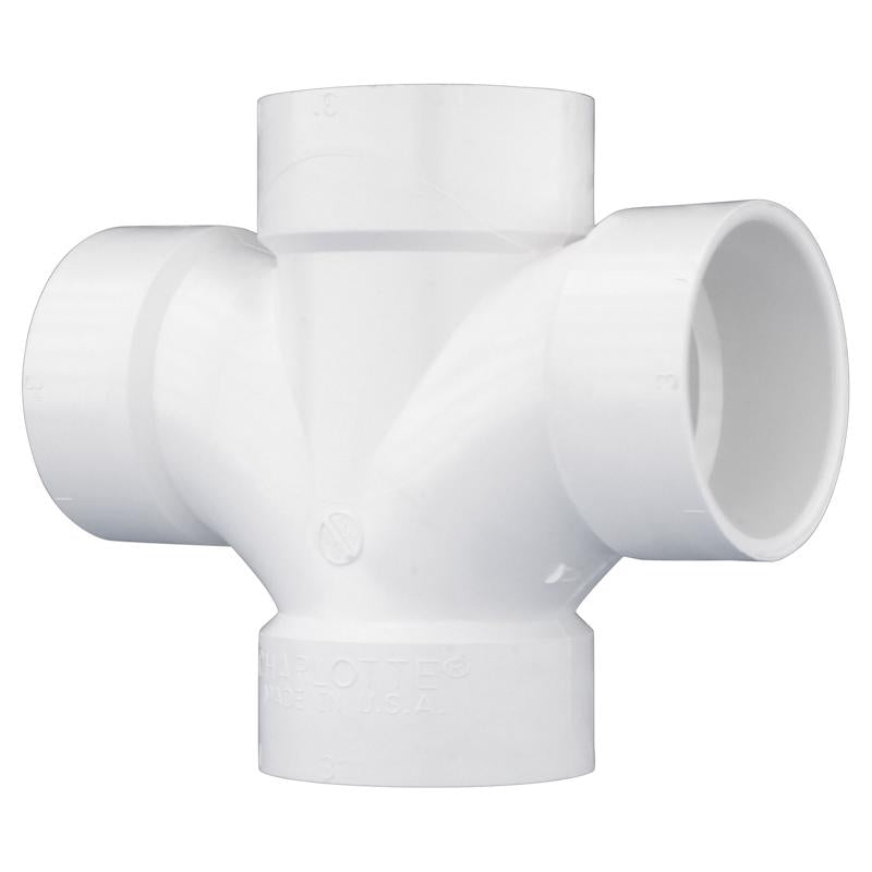 Emery Jensen PVC DWV fittings TEE, double SAN, 3x3x3x3 inches, for plumbing and drain vent applications.