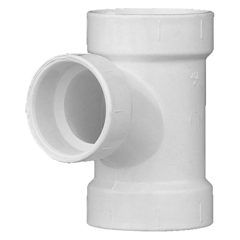 Emery Jensen PVC DWV fitting Tee SAN 2x2x1.5 for plumbing, showing a white plastic T-shaped pipe connector with labels
