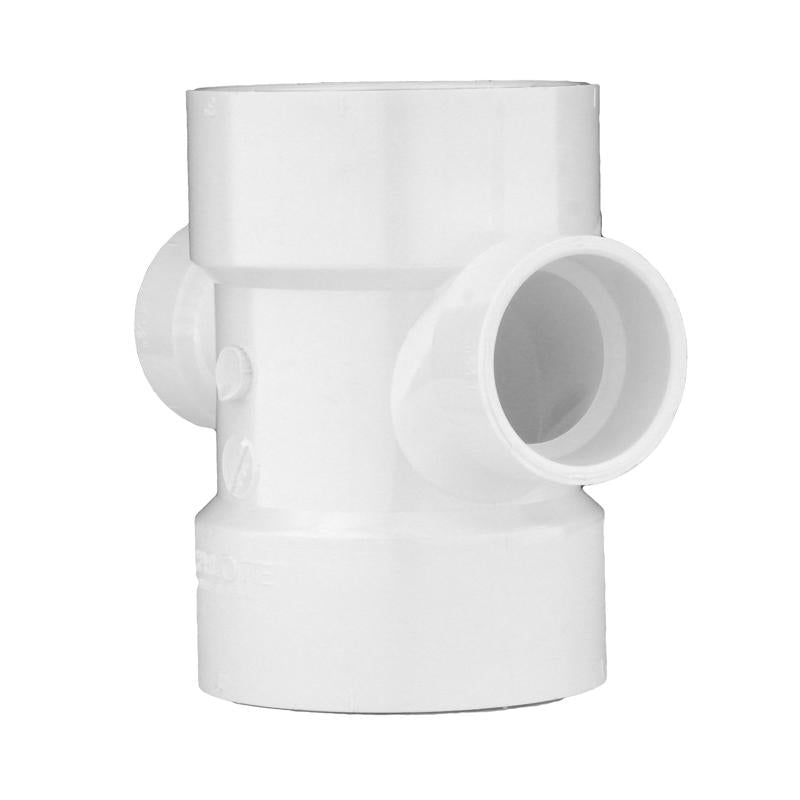 Emery Jensen PVC DWV fittings TEE SAN, 2x2x1.5x1.5 inch PVC fitting for drain, waste, vent systems, displayed in image.