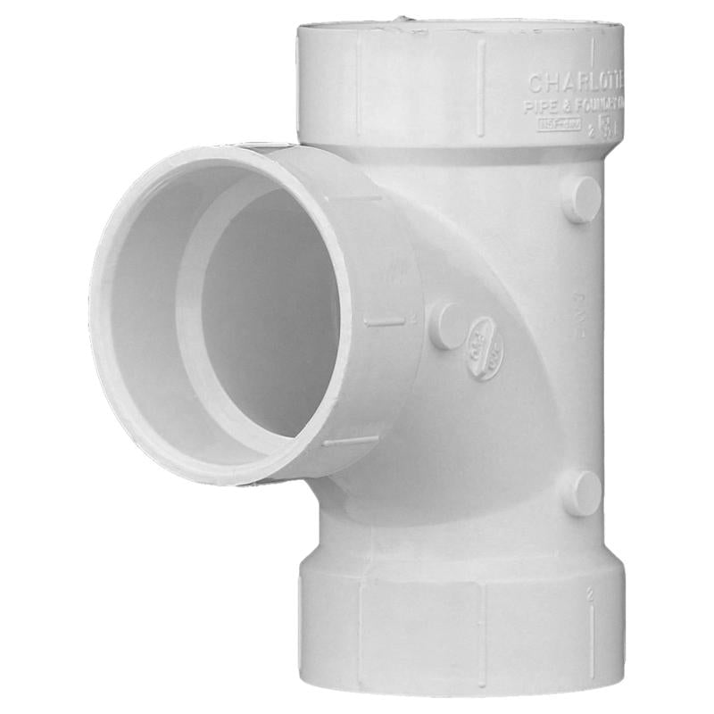 Emery Jensen PVC DWV fitting TEE SAN 2-inch with hub connections for drain, waste, and vent plumbing systems.