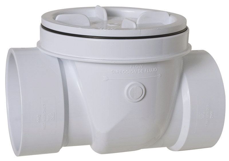 Emery Jensen 4-inch PVC backwater valve for DWV plumbing, shown in a close-up image of the fitting.