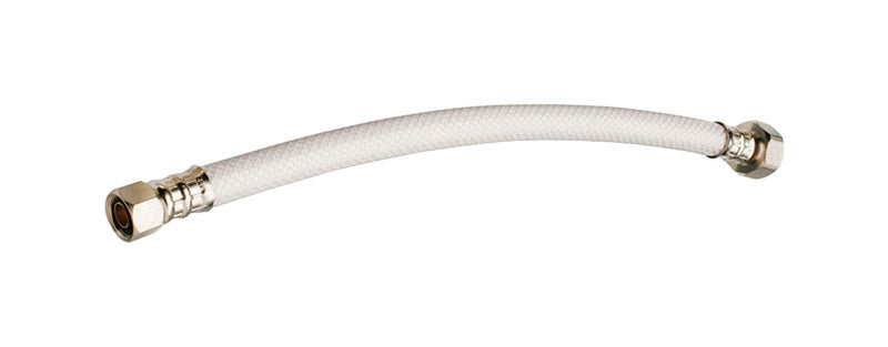 PVC flexible supply line for faucets, 16-inch length, by Emery Jensen, showing the durable, flexible hose with fittings.