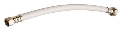PVC flexible supply line for faucet, 20-inch length, Emery Jensen brand, shown in a plumbing installation image.