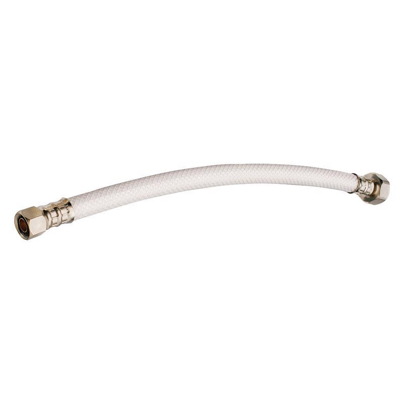 PVC flexible supply line for faucet, 36-inch length, Emery Jensen brand, shown in a close-up view of the plumbing connection.