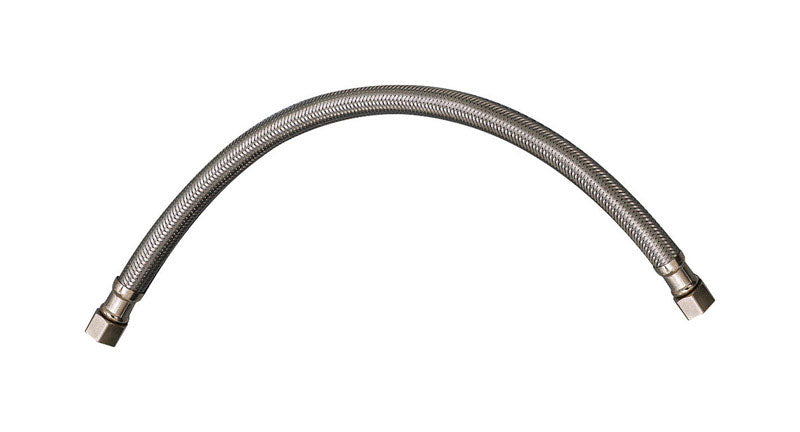 Emery Jensen PVC flexible supply line, 3/8 inch diameter, 12-inch length, stainless steel fittings for plumbing applications.